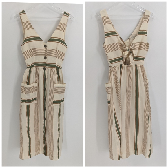 Zara Ecru Striped Rustic Midi Tie Back Sun Dress - Picture 2 of 11